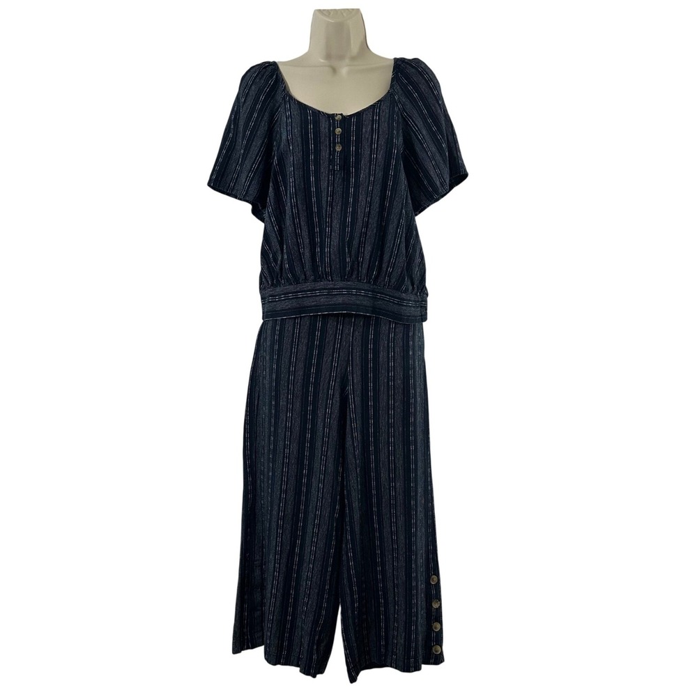 ana a new approach Womens Navy Blue Striped Linen Blend 2 Piece Set Top Pants S